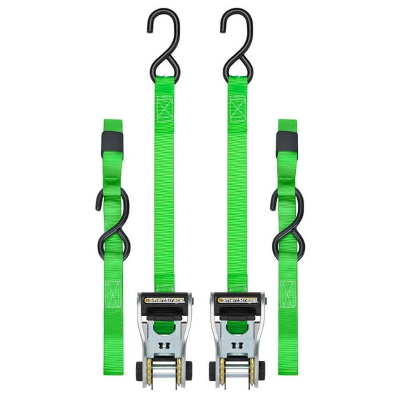 SmartStraps RatchetX Standard Duty Ratchet Tie Down Straps, 1" x 10 ft, 500 lb Safe Work Load, 1,500 lb Break Strength, Padded Handle, Green, 2-Pack