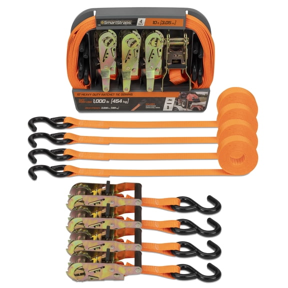 SmartStraps Heavy Duty Ratchet Tie Down Straps, 1" x 10 ft, 1,000 lb Safe Work Load, 3,000 lb Break Strength, Orange, 4-Pack