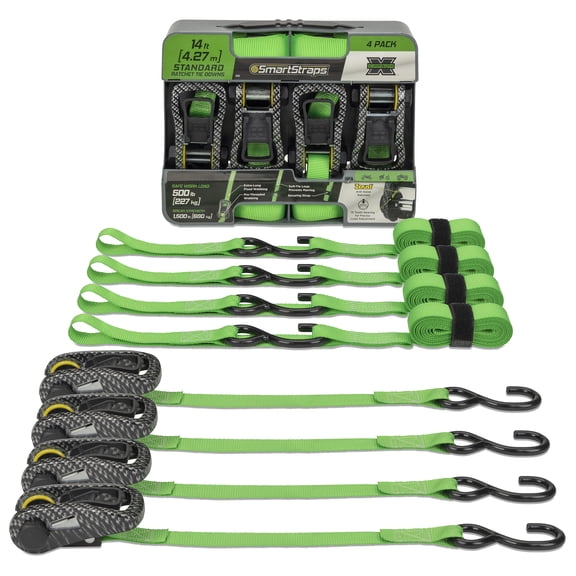 SmartStraps CarbonX Standard Duty Ratchet Tie Down Straps, 1" x 14 ft, 500 lb Safe Work Load, 1,500 lb Break Strength, 4-Pack