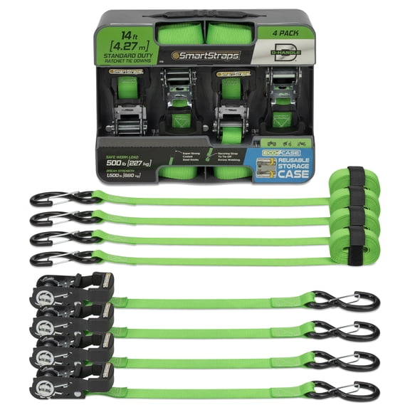 SmartStraps 1" x 14ft Standard Ratchet Tie Down Straps 6 pack , Green - 500lb SWL