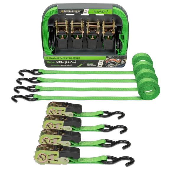 SmartStraps 14-Foot Padded Ratchet Tie Down (4pk) 1,500 lbs Break Strength - 500 lbs Safe Work Load, Haul Lighter Loads in Your Pickup, Secure Dirt Bikes, ATVs, Mowers and More