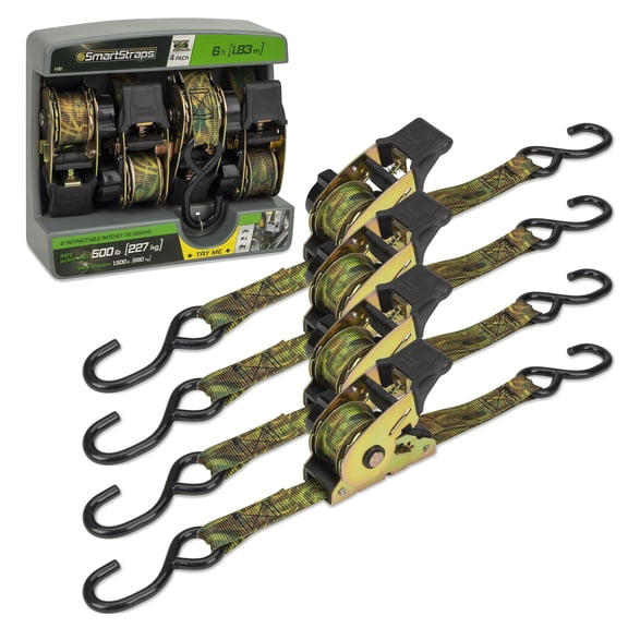 SmartStraps CamoX Retractable Ratchet Tie Down Straps, 1" x 6 ft, 500 lb Safe Work Load, 1,500 lb Break Strength, Standard Duty, 4-Pack