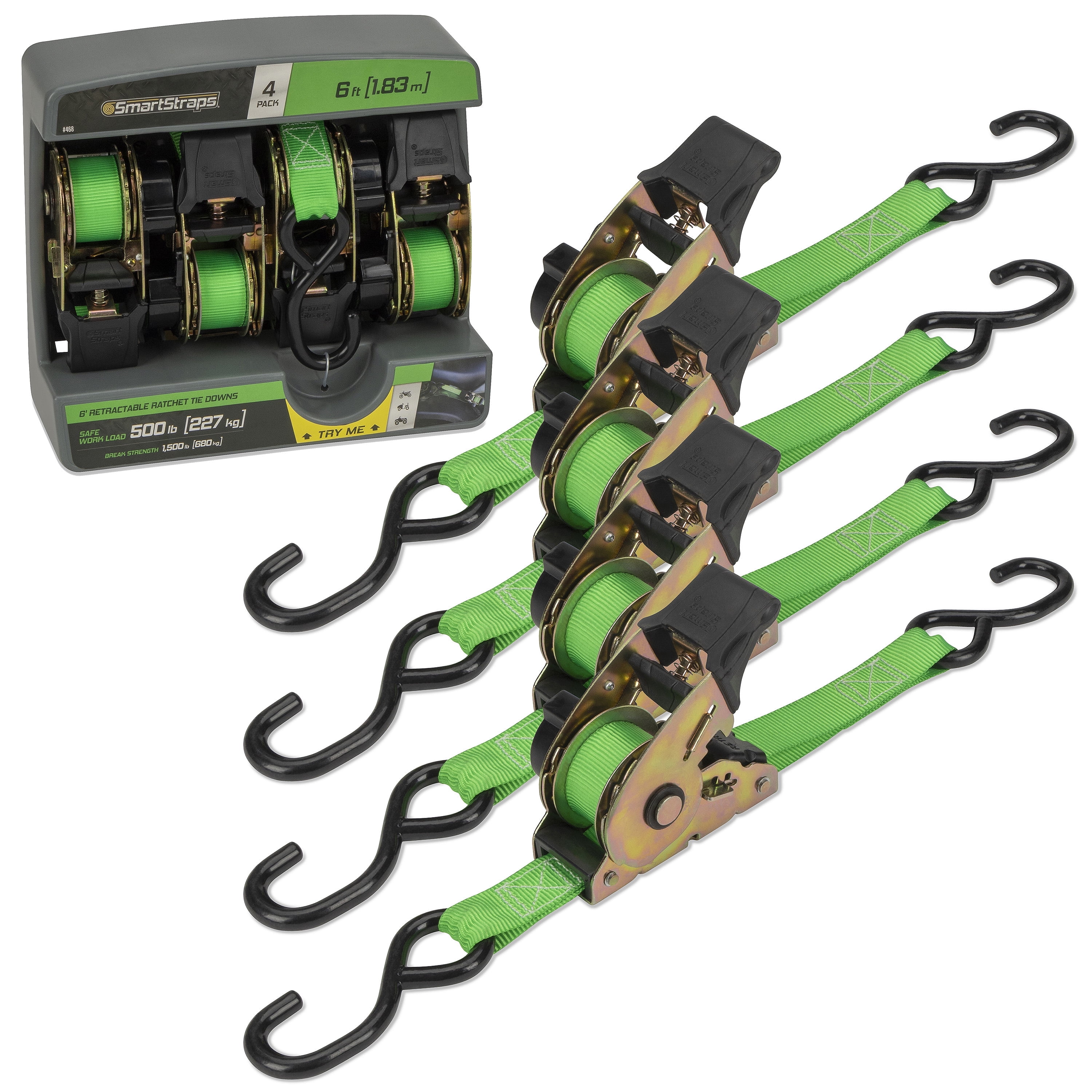 SmartStraps Retractable Ratchet Tie Down Straps, 1" x 6 ft, 500 lb Safe Work Load, 1,500 lb Break Strength, Green, 4-Pack