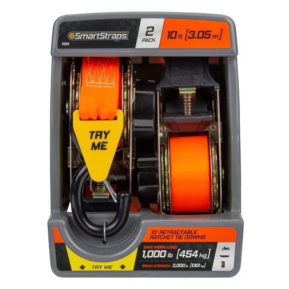 SmartStraps, 10ft. 3000lb Retractable Ratchet TieDown-Gated Hook 2Pk Orange, Working Load 1000 lb, Length 120 in, Material Polyester, Model# 9304
