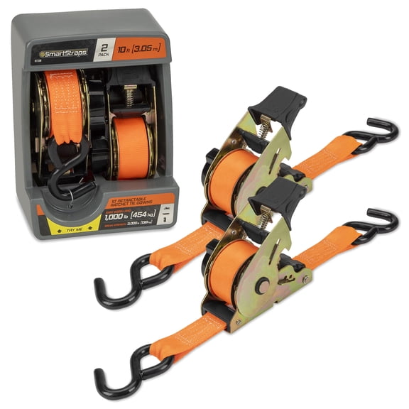 SmartStraps 1.5" x 10ft Retractable Ratchet Tie Down Straps, Orange, 2 Pack - 1,000lb SWL