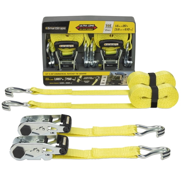 SmartStraps RatchetX 2" x 20ft Commercial Tie Down Strap, Yellow, 2 Pack - 1,677lb SWL