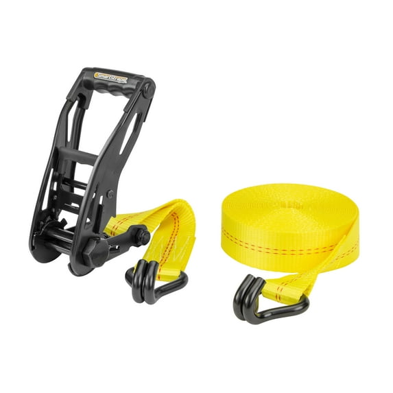 SmartStraps 2 in. x 27 ft. Yellow Commercial Ratchet Tie Down Strap with Double J Hook with, Padded Handle, 3,333 lb. Safe Work Load - 1 pack