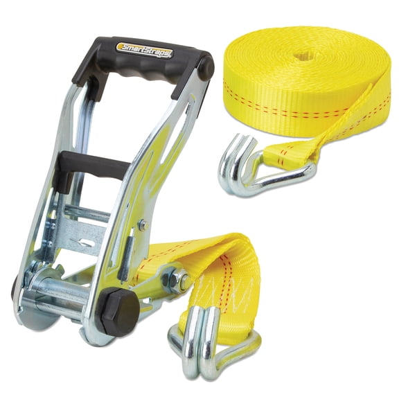 SmartStraps 2 in. x 27 ft. Yellow RatchetX Commercial Ratchet Tie Down Strap with Double J Hooks, Padded Handle, 3,333 lb. Safe Work Load - 1 pack