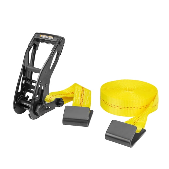 SmartStraps 2 in. x 27 ft. Yellow RatchetX Commercial Ratchet Tie Down Strap with Flat Hooks and Black Grip, Padded Handle, 3,333 lb. Safe Work Load - 1 pack