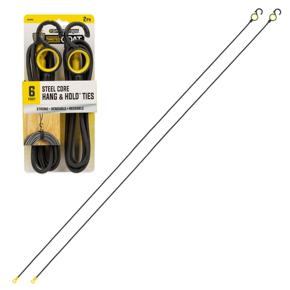 SmartStraps Twisted Goat Hook & Hold Ties, 6 ft, Reusable Bendable Steel with S-Hook, 2-Pack, Yellow