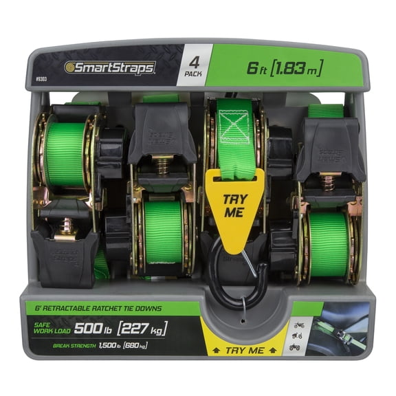 SmartStraps 6ft. 1500-Lb. Retractable Ratchet Tie Down 4-Pack, Green, Model# 9303