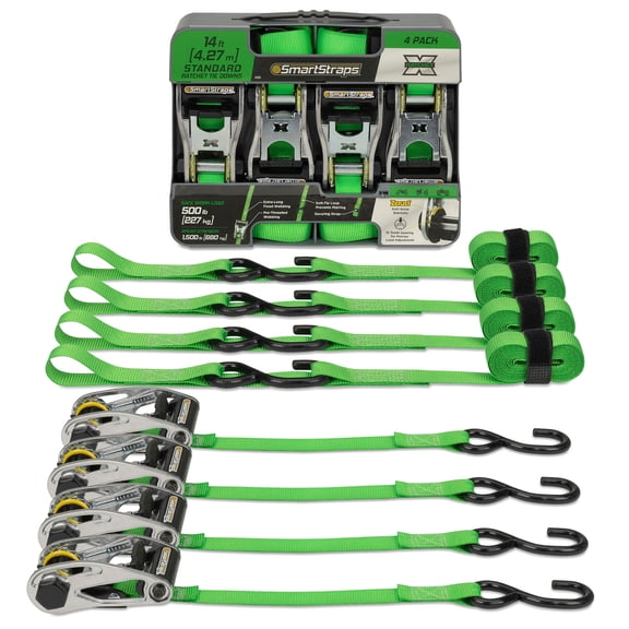 SmartStraps RatchetX Ratchet Tie Down Straps, 1" x 14 ft, 500 lb Safe Work Load, 1,500 lb Break Strength, 4-Pack with EcoCase