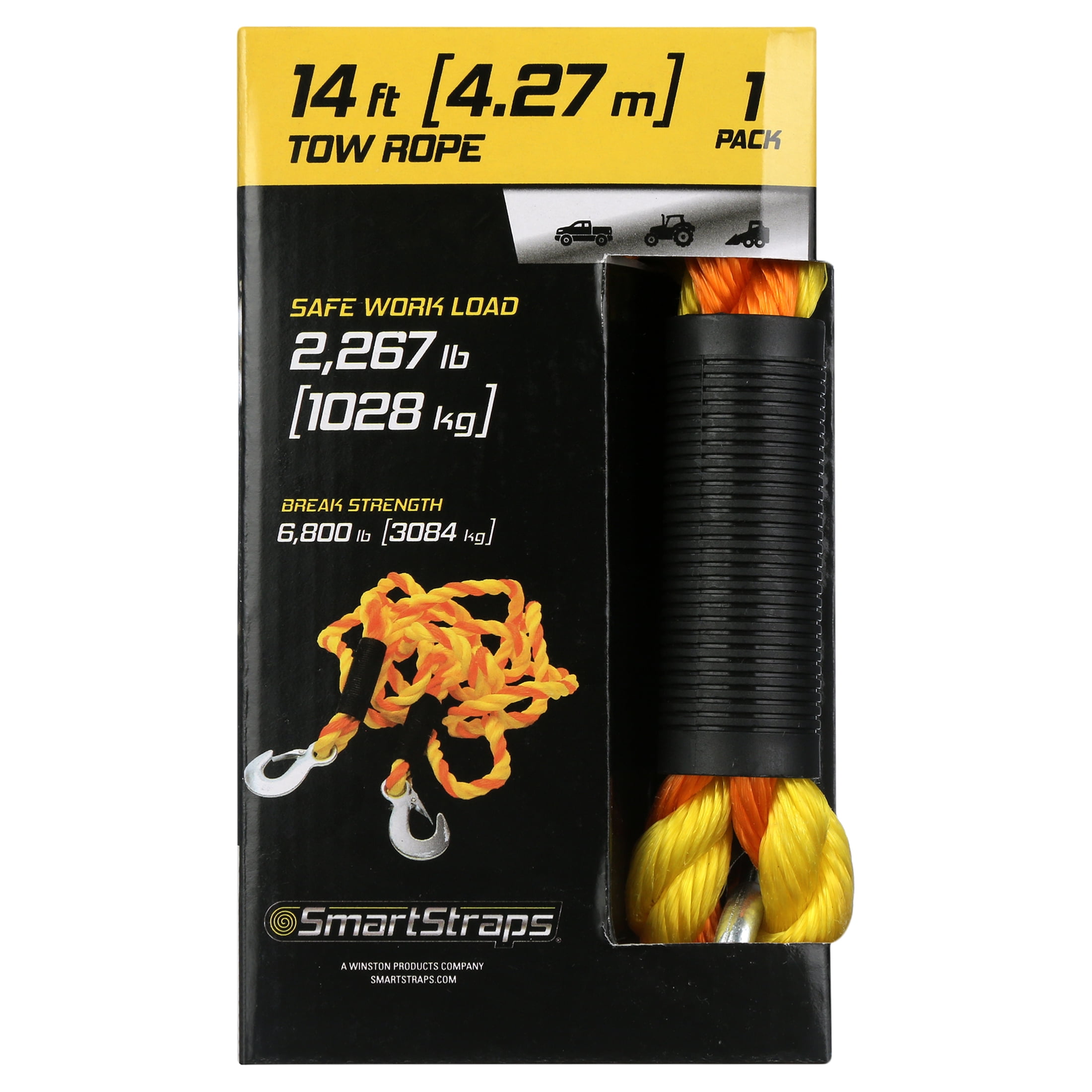 SmartStraps Tow Rope with Hooks 14ft 6800lb, Commercial Duty, 4516, 1 Pack