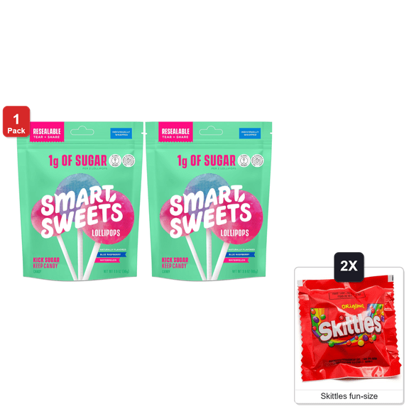 SmartSweets Blue Raspberry and Watermelon Lollipops, 2 Packs x 3 oz Each, with 2 Skittles Fun Size