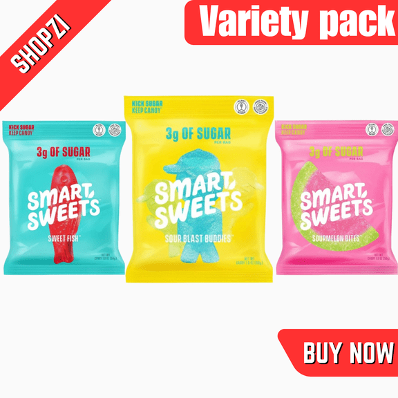 SmartSweets Gummy Candy Variety Pack, 12 Count (1.8 oz Bags, Sweet Fish, Sour Blast Buddies, Sourmelon Bites), Low Sugar Gluten Free Candy
