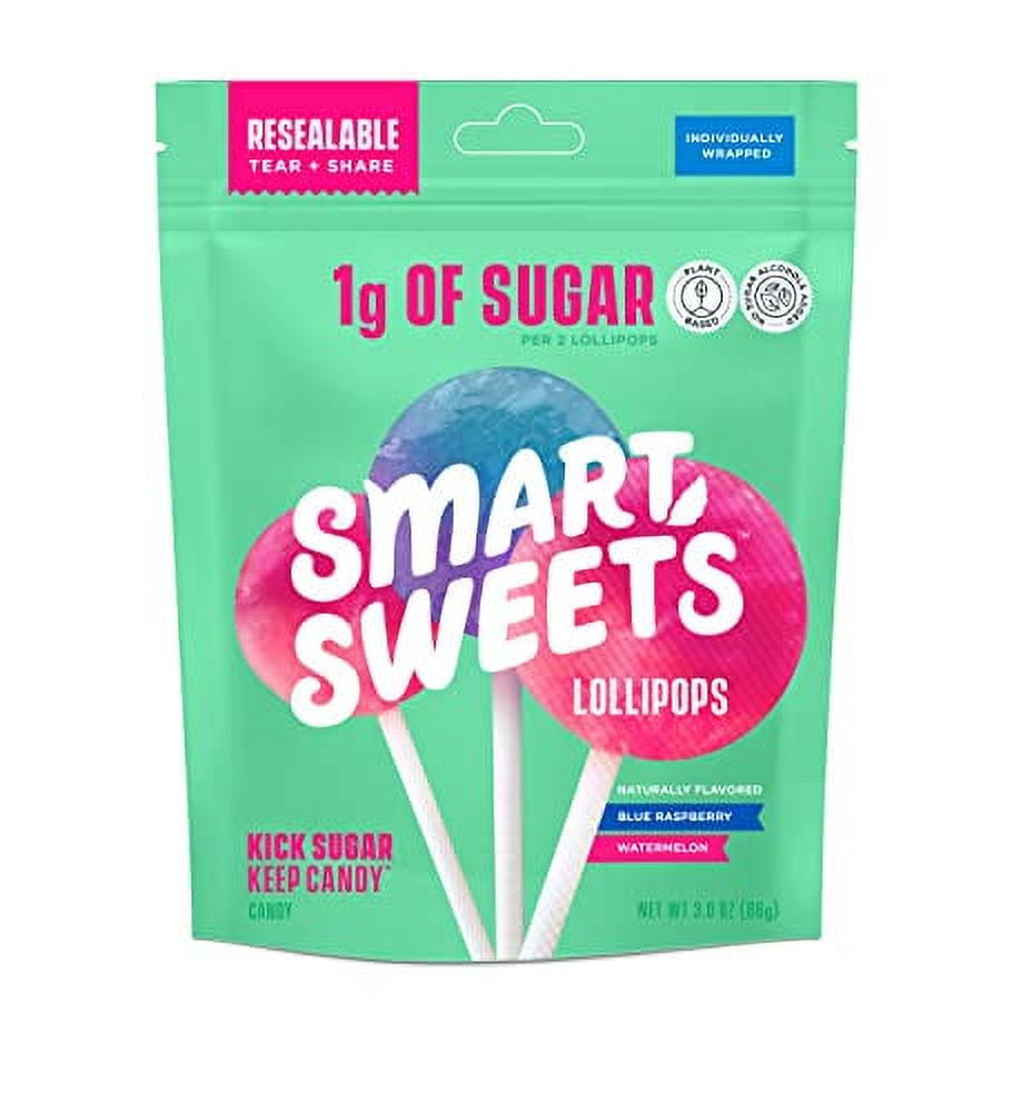SmartSweets Lollipops, 3oz, Blue Raspberry & Watermelon Flavors, Hard