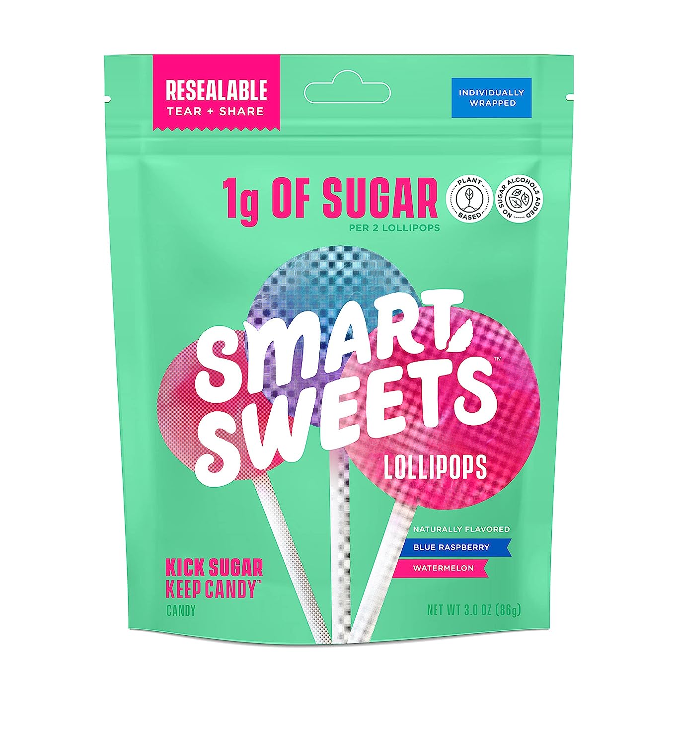 SmartSweets Lollipops, 3oz, Blue Raspberry & Watermelon Flavors, Hard