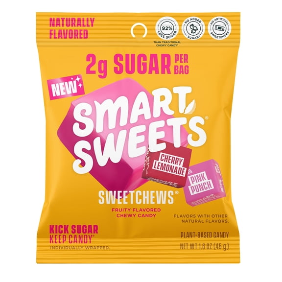 SmartSweets SweetChews Chewy Candy, Gluten Free, Plant Based, Healthy Snacks for Adults & Kids, Low Sugar, Pink Punch & Cherry Lemonade, No Artificial Sweeteners, 45g Bags, 4 Pack