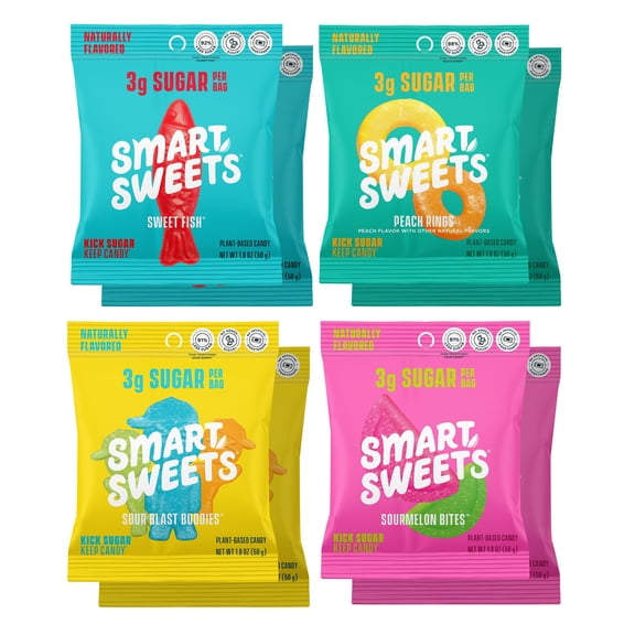 SmartSweets Variety Pack, 1.8oz (Pack of 8), Candy With Low Sugar & Calorie, Healthy Snacks For Kids & Adults - Sweet Fish, Sourmelon Bites, Peach Rings, Sour Blast Buddies