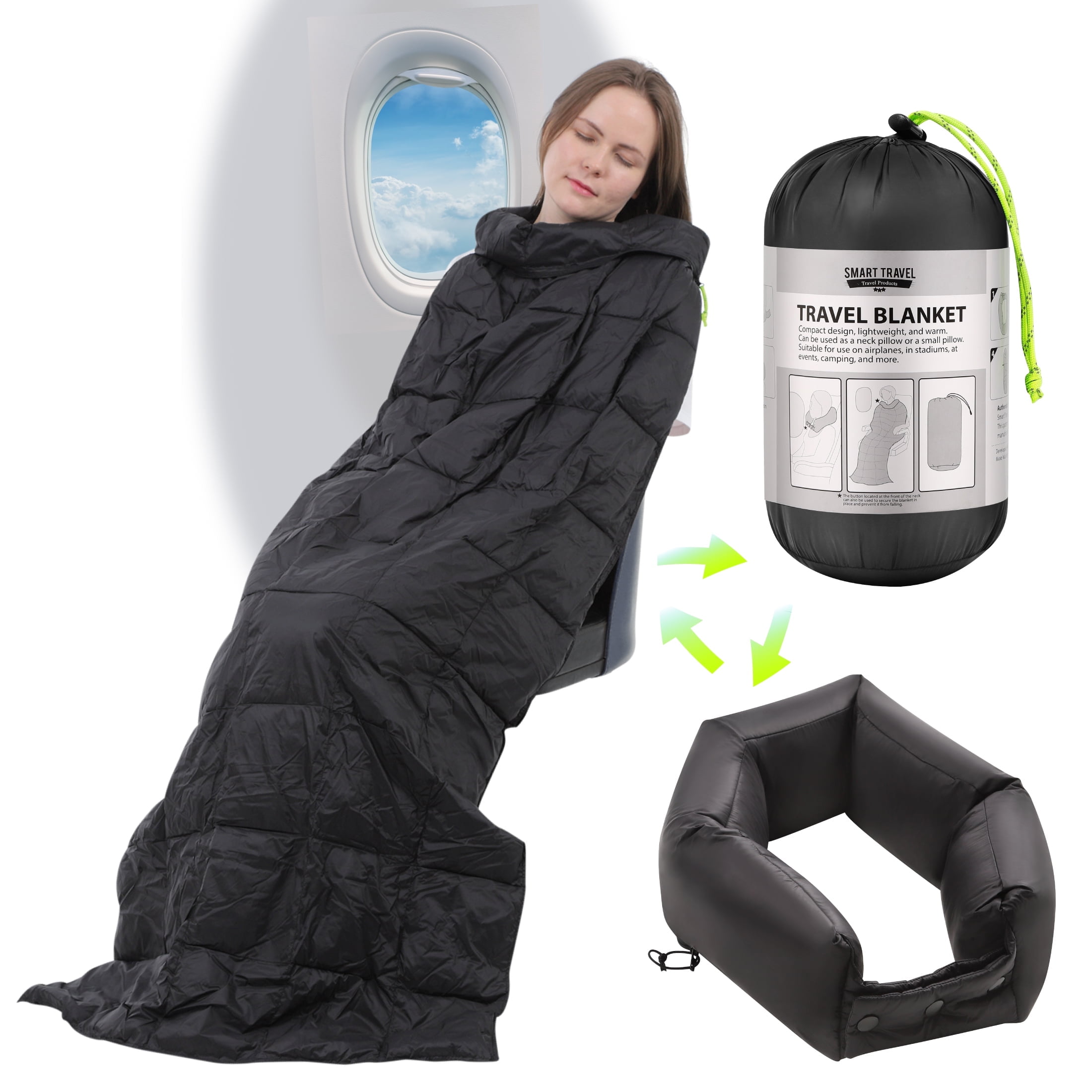 SmartTravel Compact Travel Blanket Travel Pillow and Lumbar Cushion 3-Ways Airplane Travel Essential for Women and Kids Lightweight Alternative Down