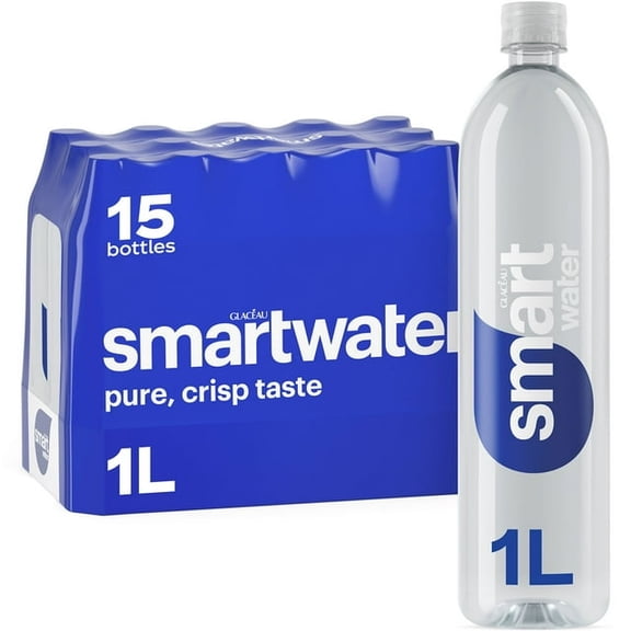 SmartWater Vapor Distilled Premium Water, 1 L Bottles, 15 Pack Electrolyte Enhanced Hydration