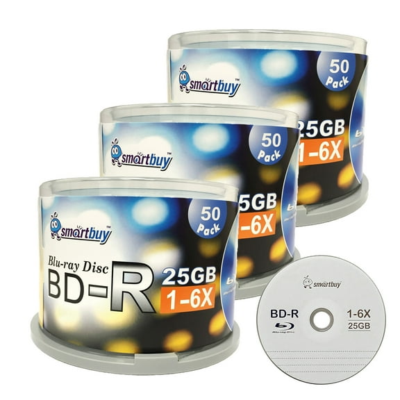 Smartbuy 150-disc 25gb 6X Bd-r BDR Blu-ray Single Layer Logo Top Surface Blank Data Recordable Media Disc with Cakebox/Spindle Packing