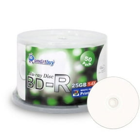 smartbuy 50 pack bd-r 25gb 6x blu-ray single layer recordable disc printable white inkjet blank data video media 50 disc spindle