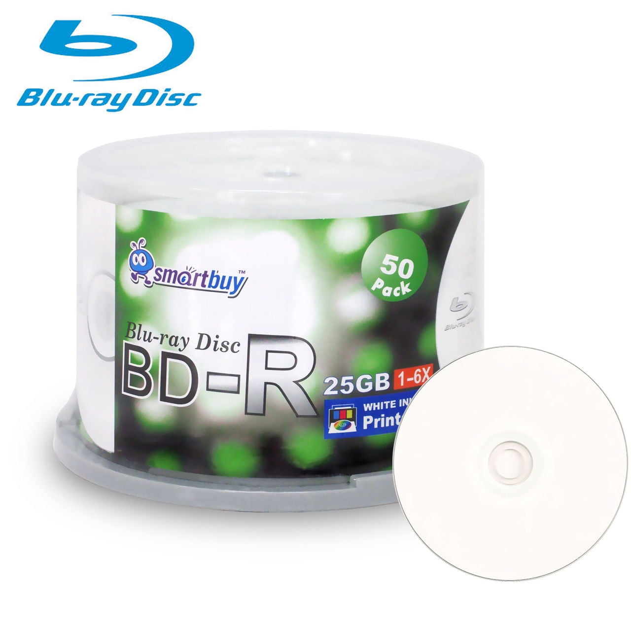 Smartbuy 50 Pack Bd-r 25gb 6x Blu-ray Single Layer Recordable Disc  Printable White Inkjet Blank Data Video Media 50 Disc Spindle
