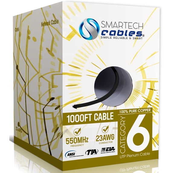 Cat6 Plenum 1000ft Ethernet Cable – 100% Pure Copper, CMP Rated, 23AWG UTP, 550MHz, 10Gbps | High‑Speed Bulk Network Cable | Easy Pull Box - Black