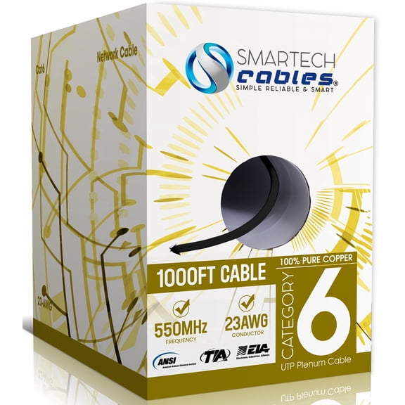 1000ft Cat6 Plenum Ethernet Cable – Pure Copper CMP Rated, 23AWG UTP, 550MHz, 10Gbps | High‑Speed Bulk Network Cable | Easy Pull Box - Black