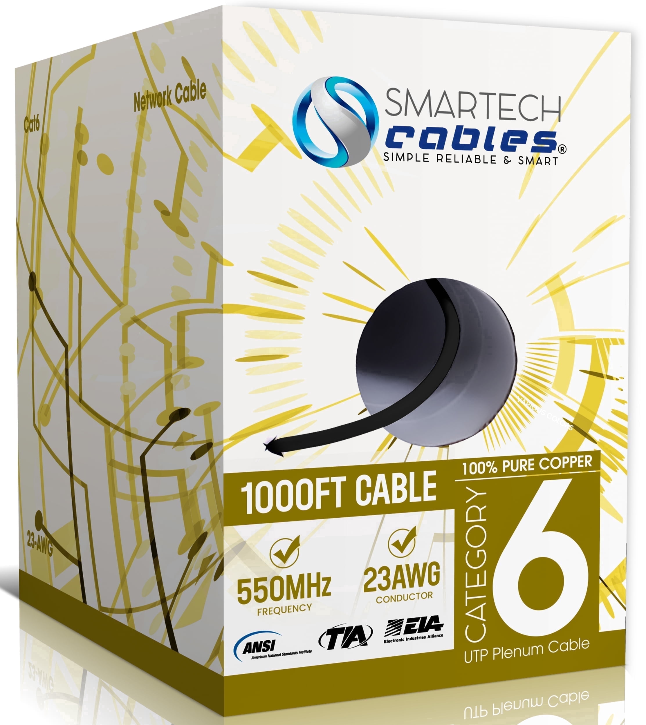 Smartech Cat6 Plenum Cable 1000ft 100% Solid Bare Copper 23AWG UTP 10Gbps, Bulk Ethernet Cable - Black