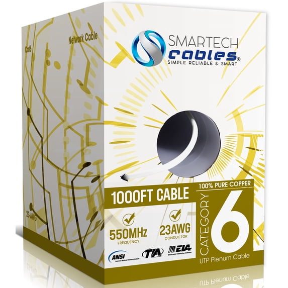 Cat6 Plenum 1000ft Ethernet Cable – 100% Pure Copper, CMP Rated, 23AWG UTP, 550MHz, 10Gbps | High‑Speed Bulk Network Cable | Easy Pull Box - White