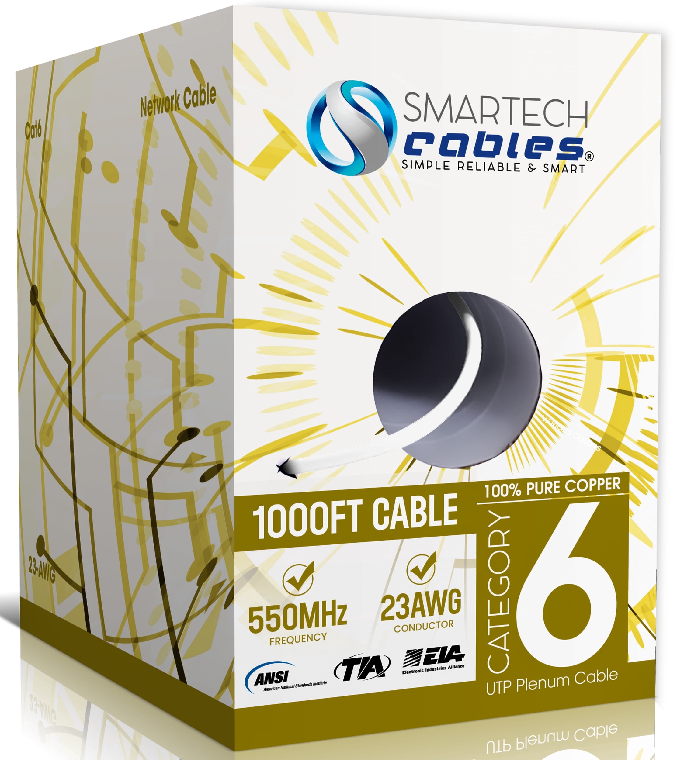 Smartech Cat6 Plenum Cable 1000ft, 100% Solid Bare Copper 23AWG UTP 10Gbps, Bulk Ethernet Cable -White