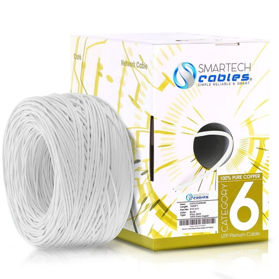 Smartech 1000ft Cat6 Plenum Cable, 23 AWG, 550MHz, UTP, Noise Reducing, Copper White