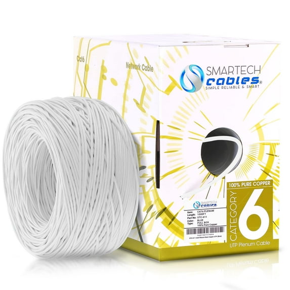 Smartech 1000ft Cat6 Plenum Cable, 23 AWG, 550MHz, UTP, Noise Reducing, Copper White