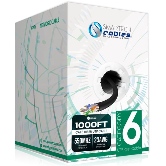 1000ft Cat6 Riser Cable Black – CMR, 23AWG UTP, 550MHz, 10Gbps | Easy Pull Box