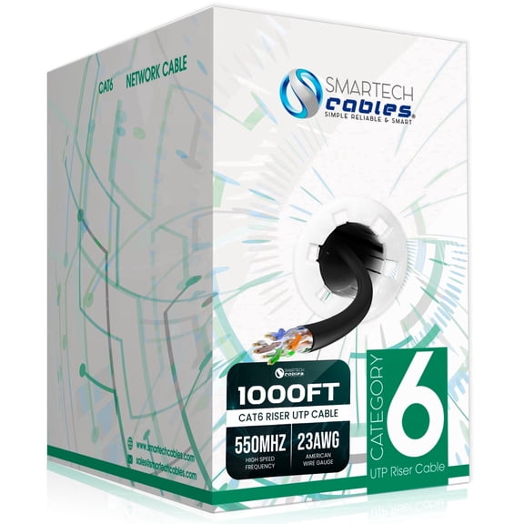 Cat6 Riser 1000ft Ethernet Cable – CMR Rated, 23AWG UTP, 550MHz, 10Gbps | High‑Speed Bulk Network Cable | Easy Pull Box - Black