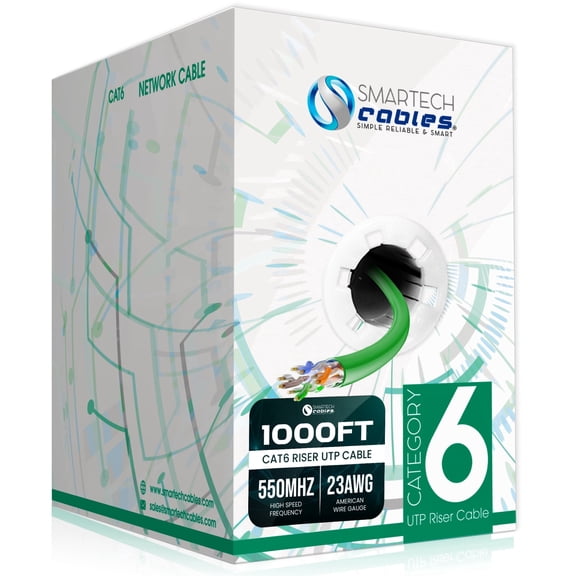 Cat6 Riser 1000ft Ethernet Cable – CMR Rated, 23AWG UTP, 550MHz, 10Gbps | High‑Speed Bulk Network Cable | Easy Pull Box - Green