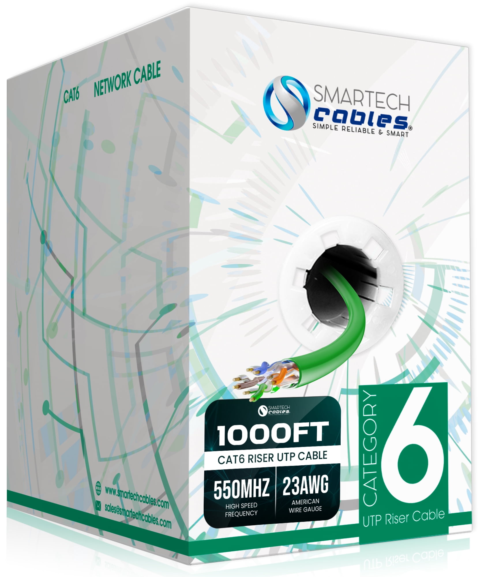 1000ft Cat6 Riser Cable Green – CMR, 23AWG UTP, 550MHz, 10Gbps | Easy Pull Box