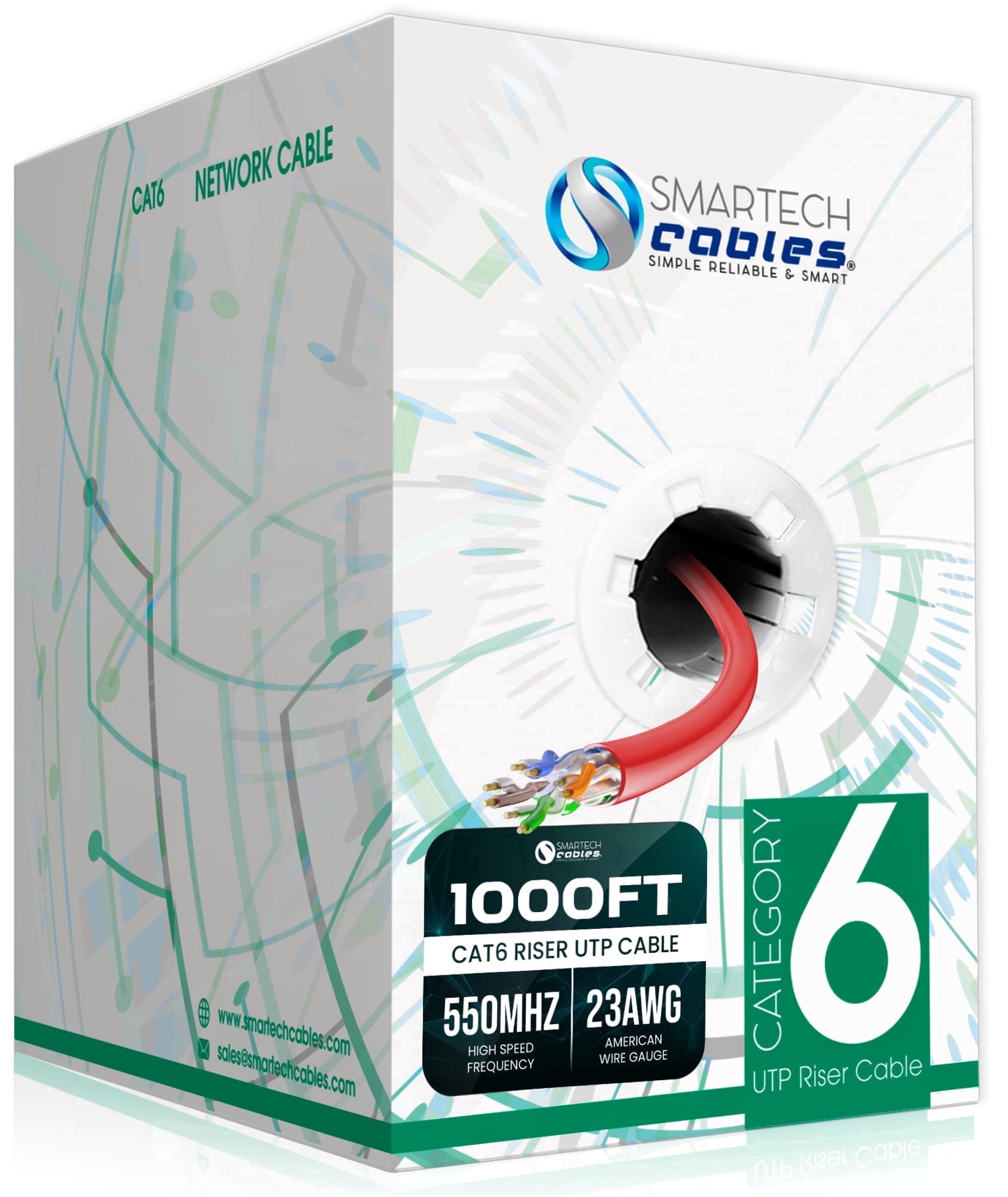 1000ft Cat6 Riser CCA Ethernet Cable, 550MHz, 23AWG, UTP, 1 GBit/s Red