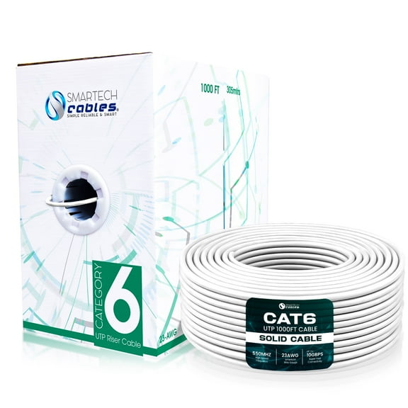Smartech 1000ft Cat6 Riser CCA Ethernet Cable, 550MHz, 23AWG, UTP, 1 GBit/s White