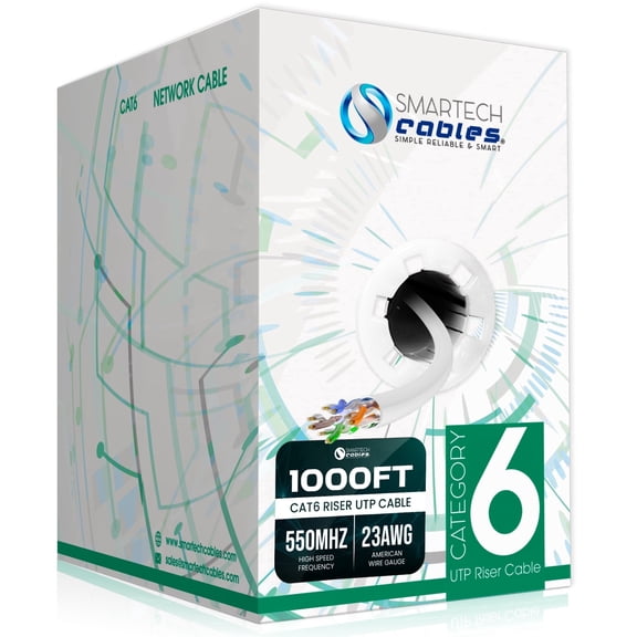 Cat6 Riser 1000ft Ethernet Cable – CMR Rated, 23AWG UTP, 550MHz, 10Gbps | High‑Speed Bulk Network Cable | Easy Pull Box - White