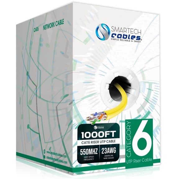 Cat6 Riser 1000ft Ethernet Cable – CMR Rated, 23AWG UTP, 550MHz, 10Gbps | High‑Speed Bulk Network Cable | Easy Pull Box - Yellow