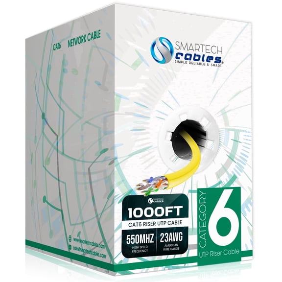 Cat6 Riser 1000ft Ethernet Cable – CMR Rated, 23AWG UTP, 550MHz, 10Gbps | High‑Speed Bulk Network Cable | Easy Pull Box - Yellow