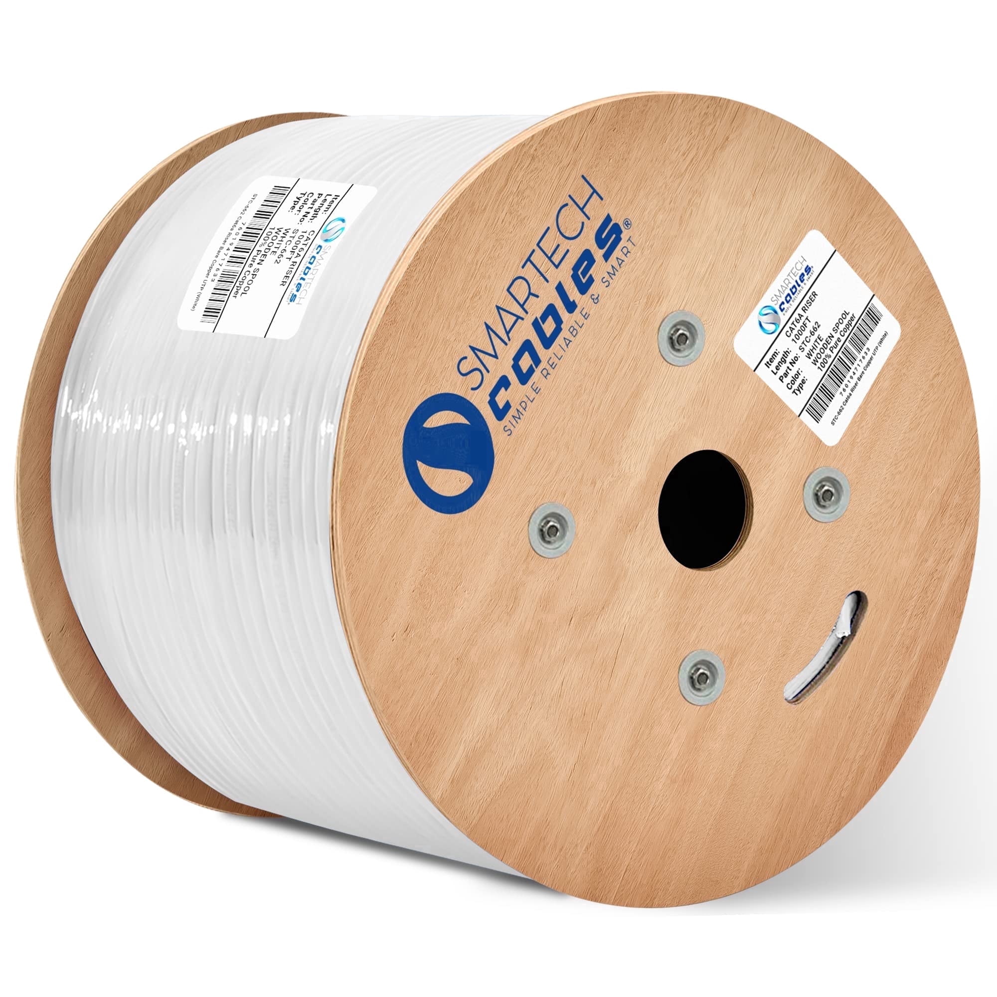 Cat6A Riser Cable 1000ft – 100% Solid Bare Copper, 23AWG UTP, 750MHz, Bulk Ethernet Cable, White