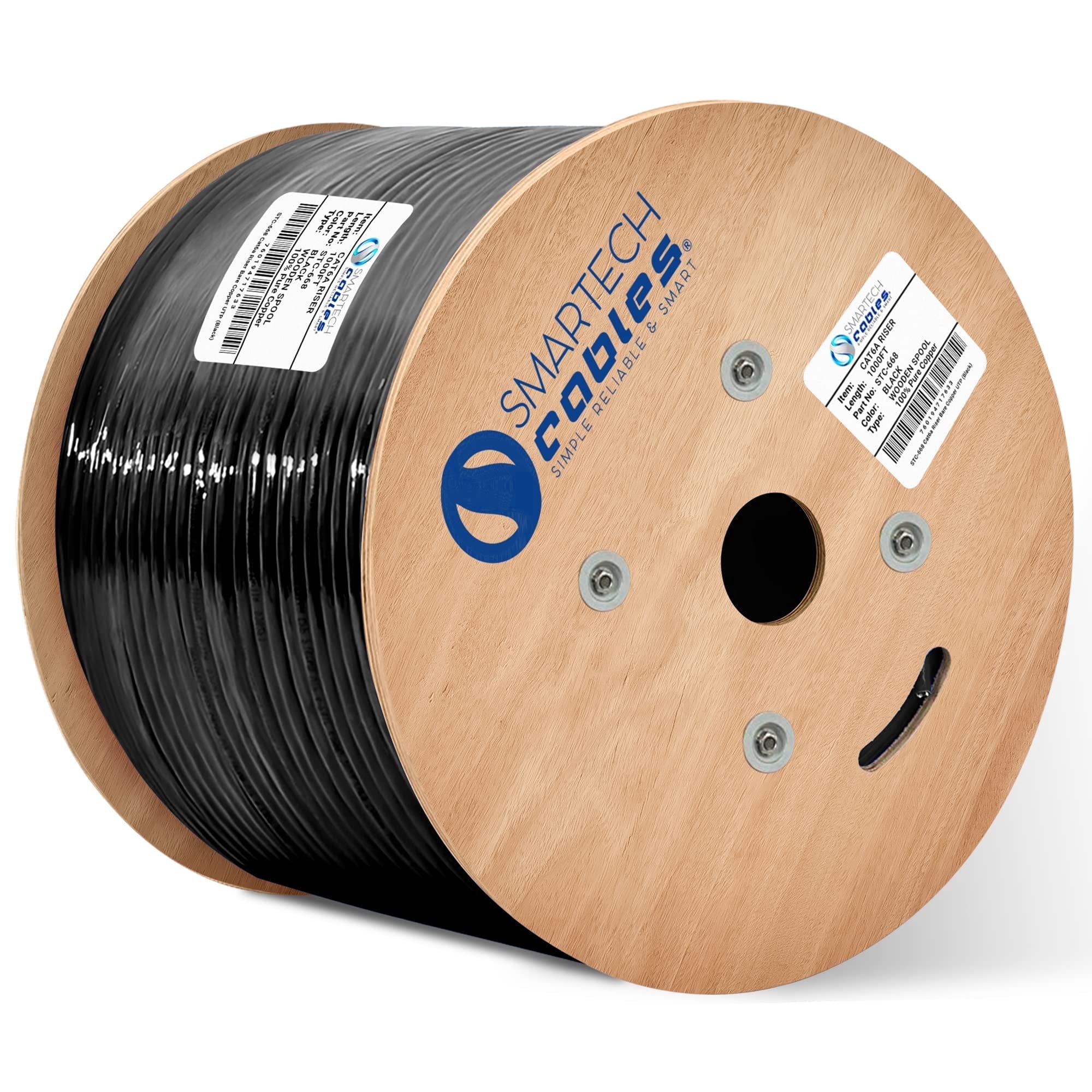 Cat6A Riser Cable 1000ft – 100% Solid Bare Copper, 23AWG UTP, 750MHz, Bulk Ethernet Cable, Black