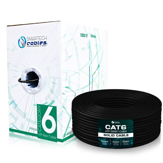 Smartech 1000ft Cat6 Riser CCA Ethernet Cable, 550MHz, 23AWG, UTP, 1 GBit/s Black