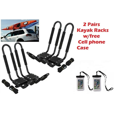 Smarten Universal 2 pairs J-Bar Kayak Roof Rack Carrier Canoe Boat Surf Ski Roof Top Mount Car SUV Crossbar+ Waterproof Cellphone Bag