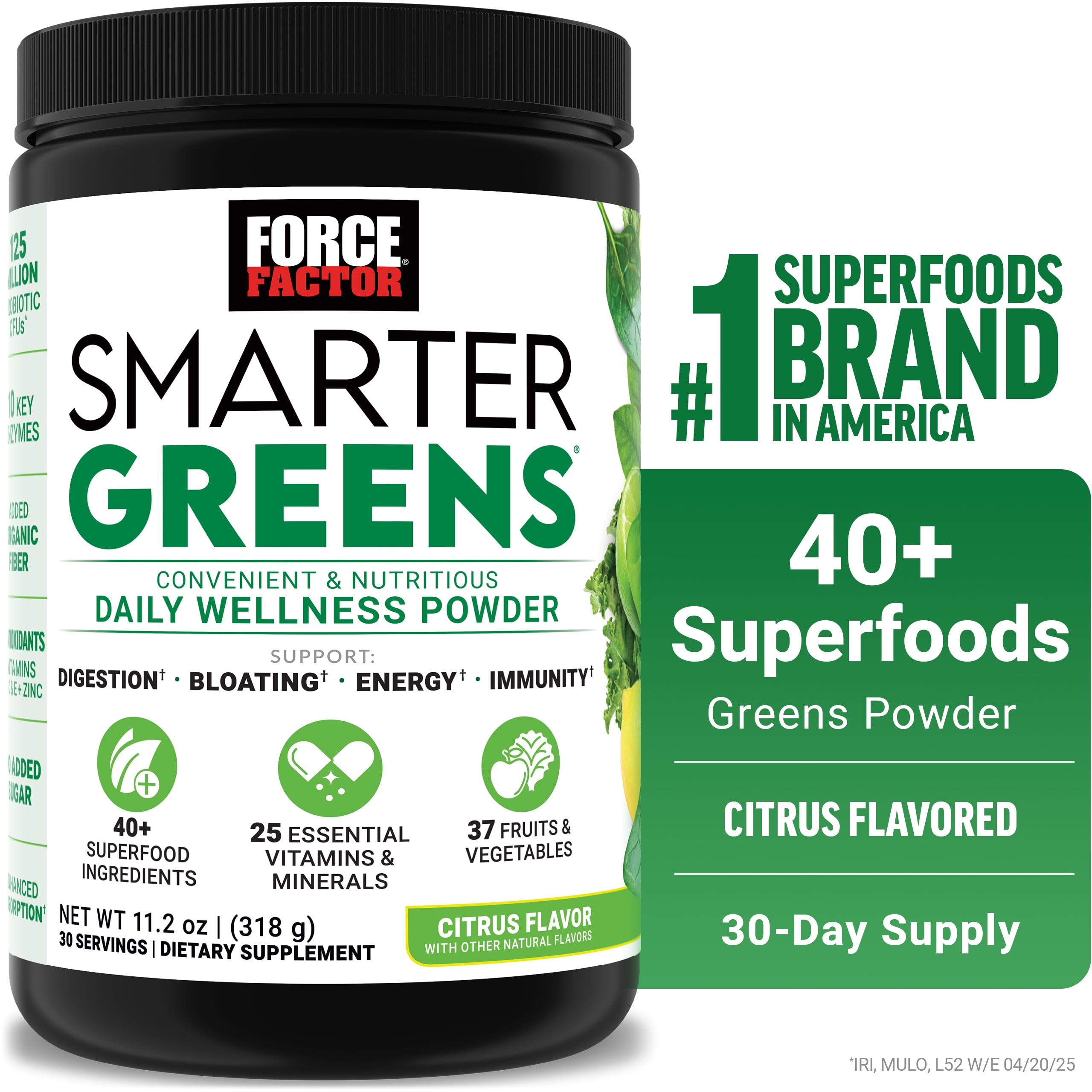 Force Factor Smarter Greens Daily Wellness Powder, Greens Powder with Probiotics for Bloating, Gut Health, Digestion & Energy, Citrus, 30 Servings