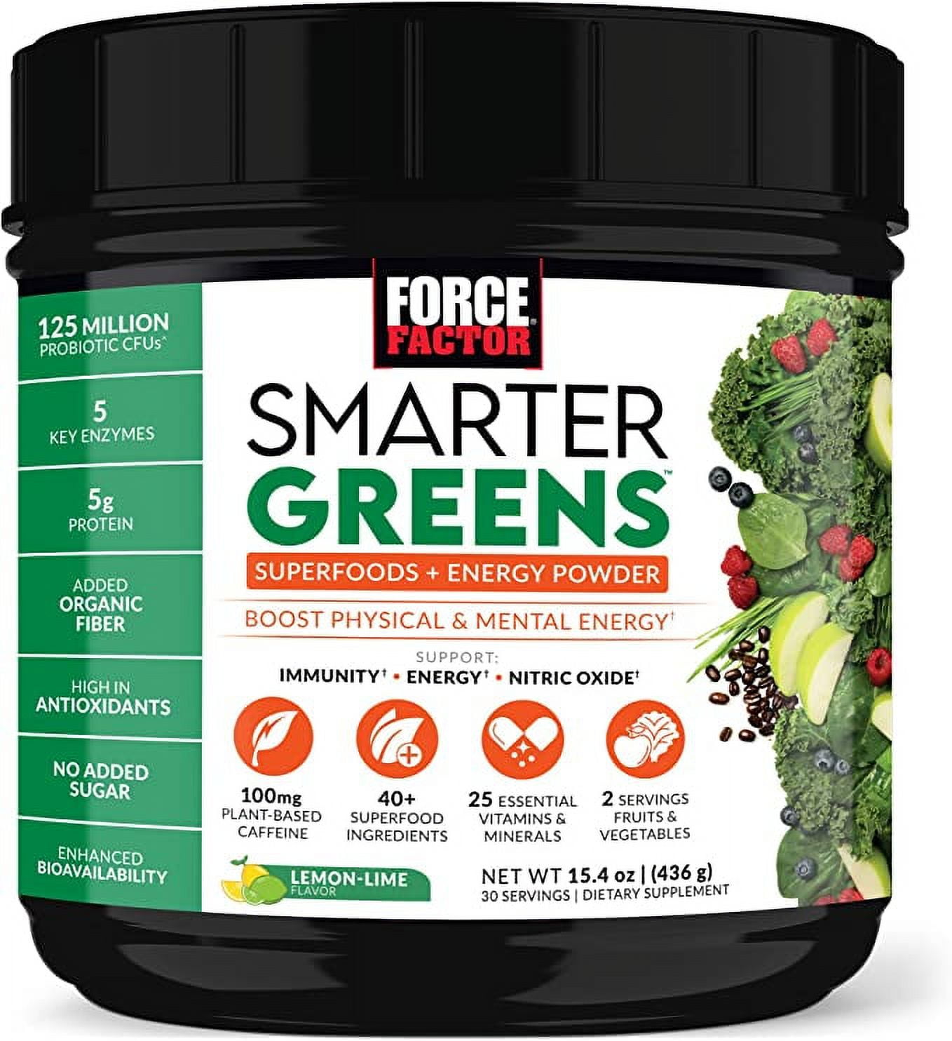 Force Factor Smarter Greens Superfoods Energy Powder, Greens Powder with Caffeine and Probiotics for Energy & Digestion, Lemon Lime, 30 Servings